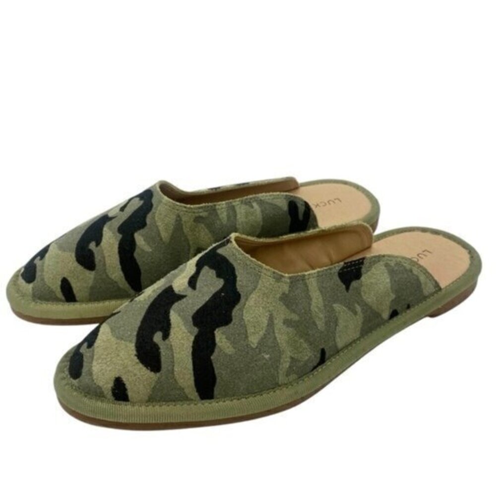 Lucky Brand Arvy Leather Green Camo Flats Slip On Shoes